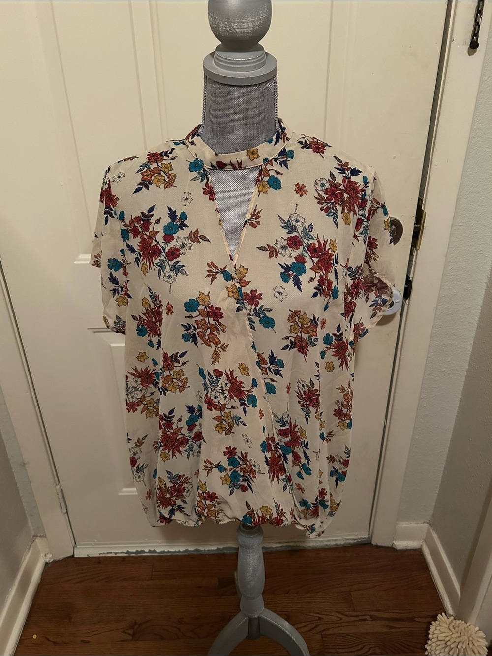 Self Esteem Cream Floral Blouse with Teal & Rust Accents